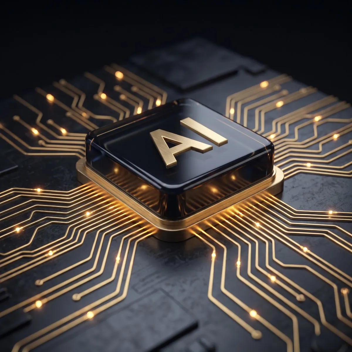Chip de IA dourado numa placa de circuitos, a representar a automação com IA