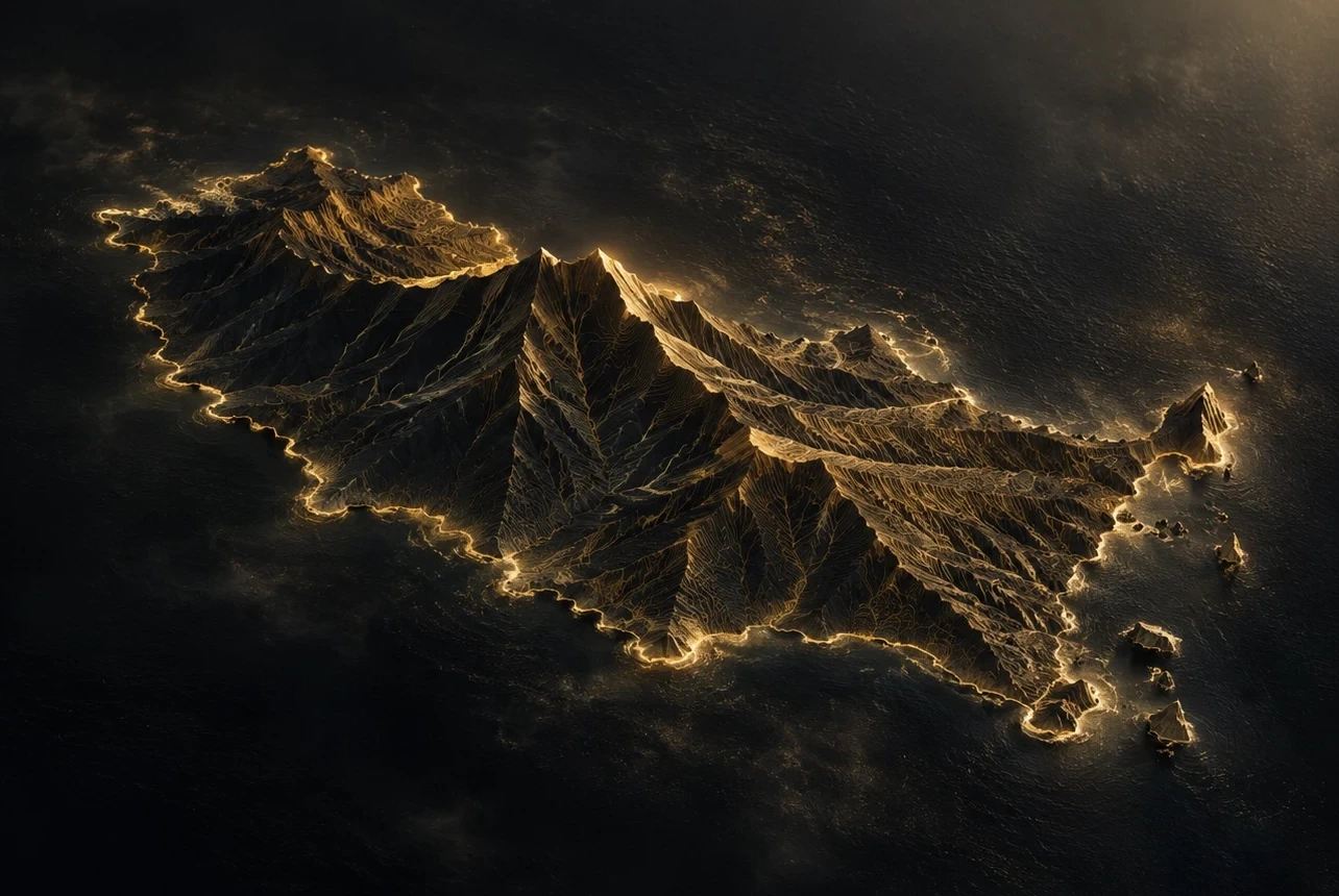 A Ilha da Madeira em preto e dourado, com as serras e a costa desenhadas em luz dourada