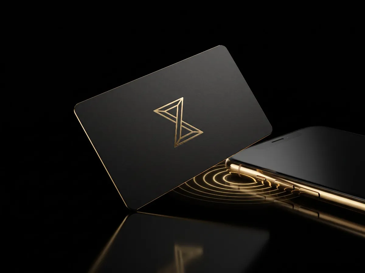 Cartão de visita NFC preto mate com o logótipo dourado em forma de ampulheta ao lado de um telemóvel