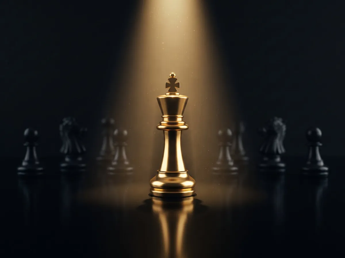 Rei de xadrez dourado sob um foco de luz, a representar a estratégia de negócio