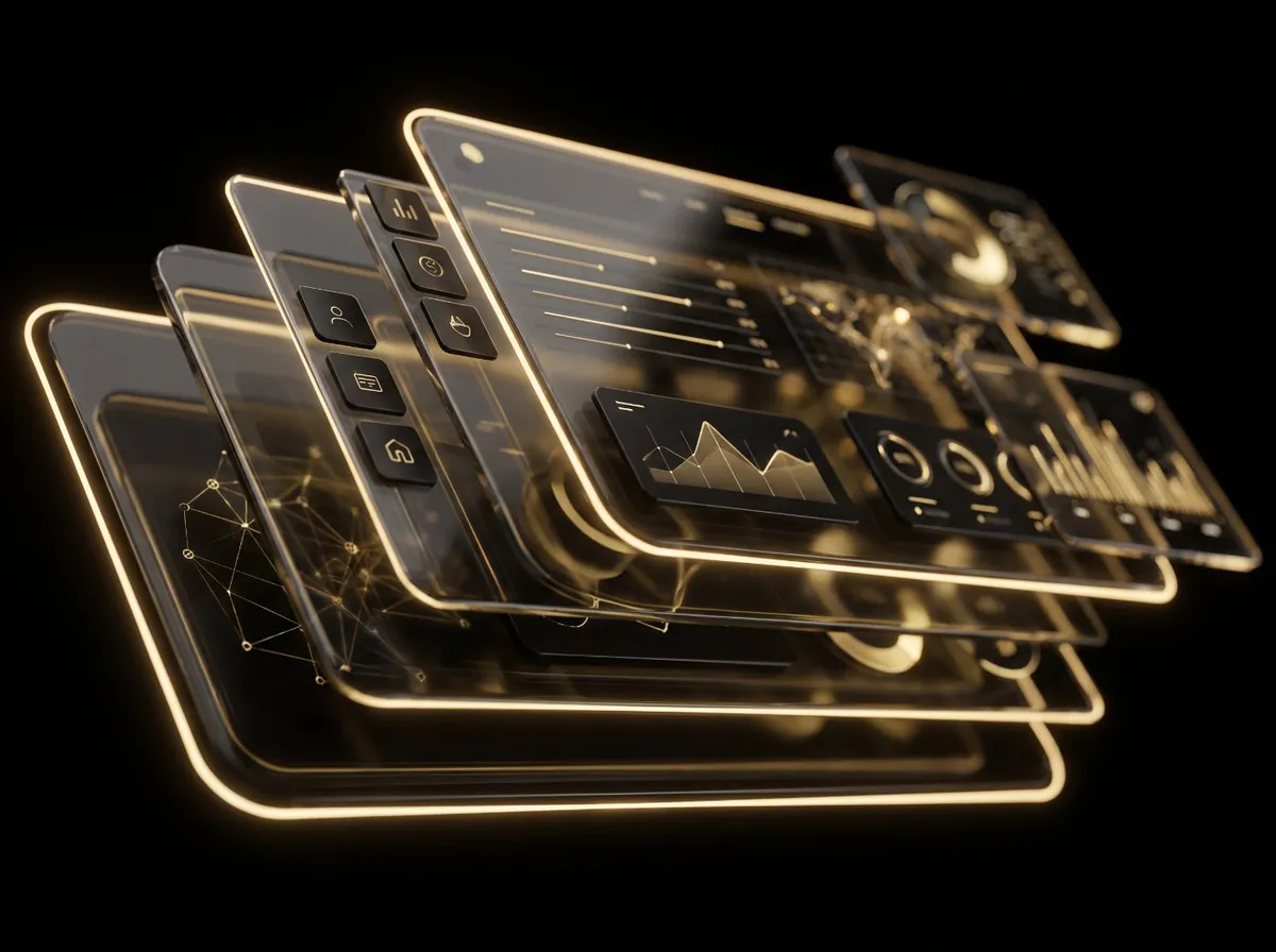 Painéis de interface de site em preto e dourado, sobrepostos